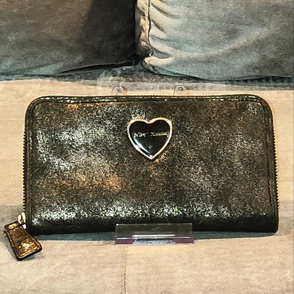 VINTAGE BETSEY JOHNSON BLACK GLITTERY SUEDE ZIP AROUND LONG WALLET
